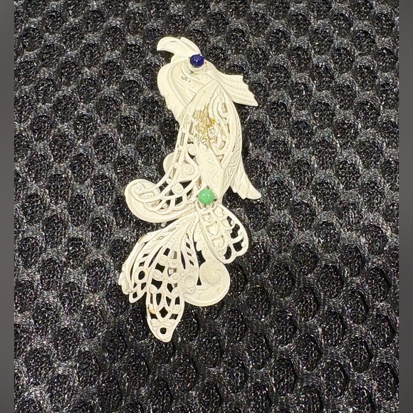 Vintage Filigree Koi Fish Brooch with Green & Blue Stone Accents - Picture 4 of 8